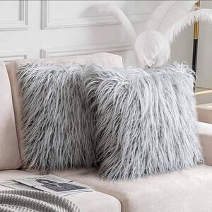 Faux Fur‎ Gray Throw Pillow, 1-Packed, Decorative Fluffy Pillow 18x18